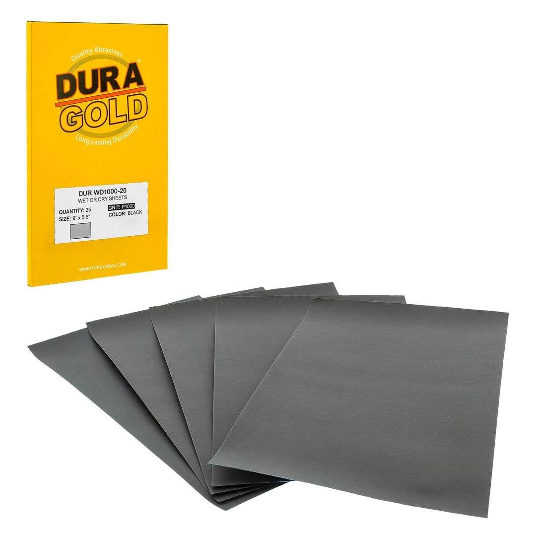 Dura-Gold 1000 Grit - Wet Or Dry Sandpaper Finishing Sheets 5-1/2" X 9" Sheets - Box Of 25 3 Dura-Gold 1000 Grit - Wet Or Dry Sandpaper Finishing Sheets 5-1/2" X 9" Sheets - Box Of 25