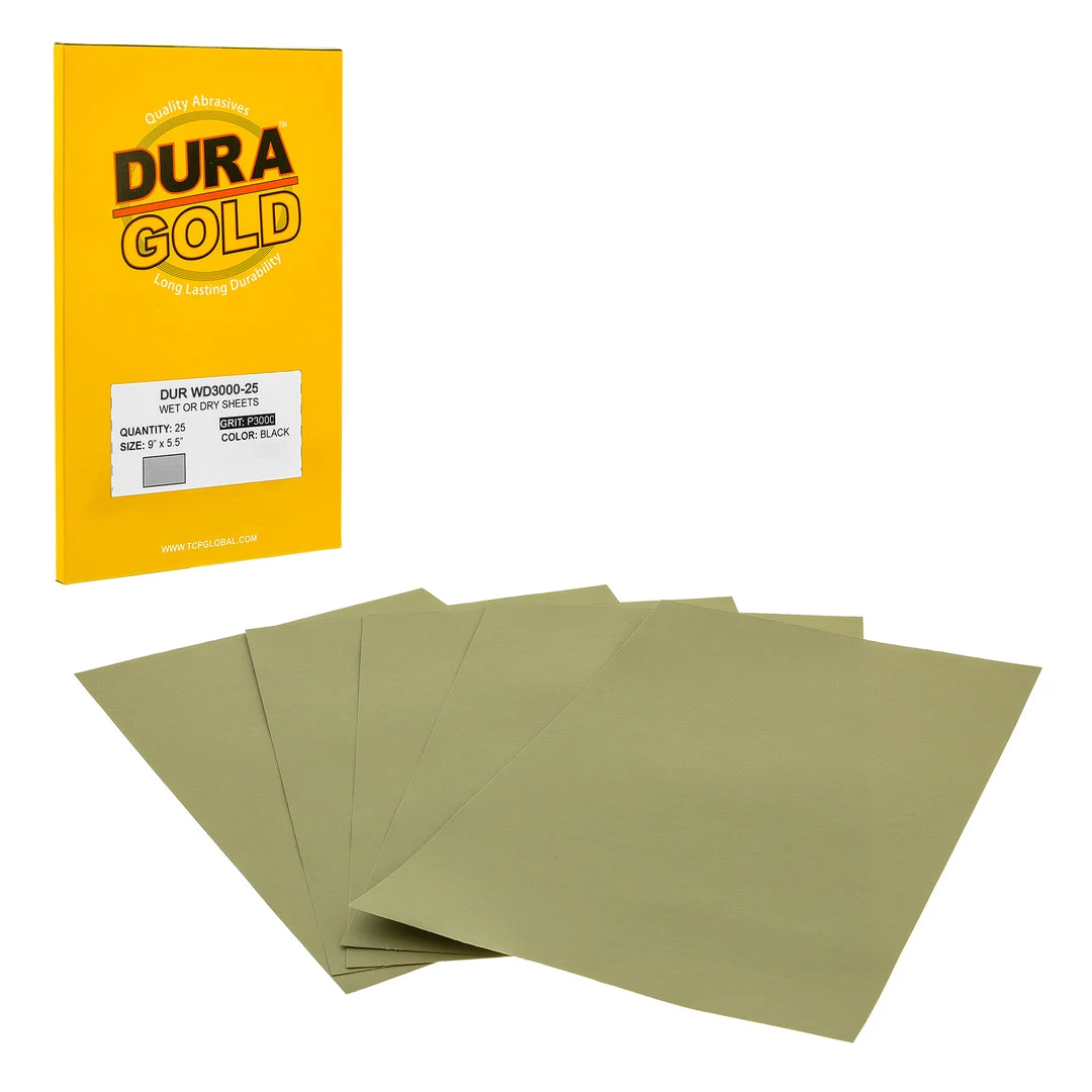 Dura-Gold 3000 Grit - Wet Or Dry Sandpaper Finishing Sheets 5-1/2" X 9" Sheets - Box Of 25 3 Dura-Gold 3000 Grit - Wet Or Dry Sandpaper Finishing Sheets 5-1/2" X 9" Sheets - Box Of 25