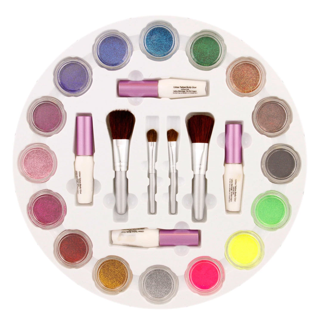 Custom Body Art 16 Color Rainbow Wheel Glitter Tattoo Set & 32 Color Face Painting Combo Set - 50 Variety Stencils 2 Glitter Brushes 4 Body Glues 24 Sponges 8 Brushes Alcohol-Based Body Paint 6 Custom Body Art 16 Color Rainbow Wheel Glitter Tattoo Set & 32 Color Face Painting Combo Set - 50 Variety Stencils 2 Glitter Brushes 4 Body Glues 24 Sponges 8 Brushes Alcohol-Based Body Paint