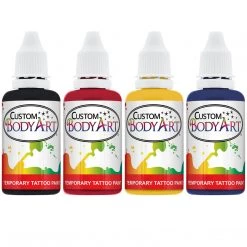 Custom Body Art Alcohol-Based Body Paint 4 Primary Color Airbrush Temporary Tattoo Body Painting Set; Black, Red, Blue And Yellow In 1 Oz. Bottles