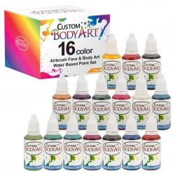 Custom Body Art Set Of 16 Colors 1-oz Bottles Of Water Based Face-Body Airbrush Colors Alcohol-Based Body Paint