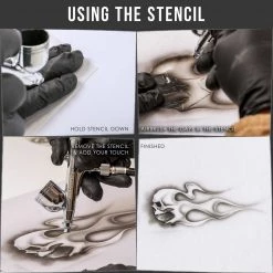 Custom Shop Airbrush Skull Fire Flame Stencil Set (Skull Design #2 In 3 Scale Sizes) - Laser Cut Reusable Templates
