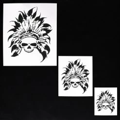 Custom Shop Airbrush Skeleton Skull Indian Chief Stencil Set (Skull Design #11 In 3 Scale Sizes) - Laser Cut Reusable Templates