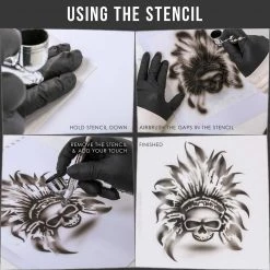 Custom Shop Airbrush Skeleton Skull Indian Chief Stencil Set (Skull Design #11 In 3 Scale Sizes) - Laser Cut Reusable Templates