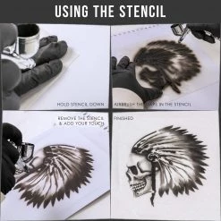 Stencils Custom Shop Airbrush Skeleton Skull Indian Chief Stencil Set (Skull Design #12 In 3 Scale Sizes) - Laser Cut Reusable Templates