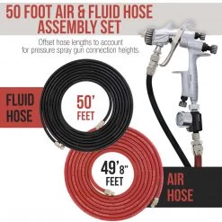 Master Pro Series 50 Foot Air And Fluid Hose Assembly Set With 3/8" NPS Air And 1/4" NPS Fluid Fittings For Spray Guns, Paint Pressure Pot Tanks, HD