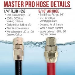 Master Pro Series 6 Foot Air And Fluid Hose Assembly Set With 3/8" NPS Air And 1/4" NPS Fluid Fittings For Spray Guns, Paint Pressure Pot Tanks, HD 9 Master Pro Series 6 Foot Air And Fluid Hose Assembly Set With 3/8