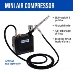 Master Airbrush Master Model C16-B - Black Mini Airbrush Air Compressor With 6 Foot Braided Air Hose With 1/8 In. Ends