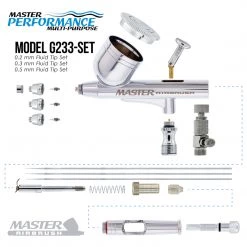 Master Airbrush G233 Airbrush Pro Set With 3 Nozzle Sets (0.2, 0.3 & 0.5mm Needles, Fluid Tips & Air Caps) - Dual-Action Gravity Feed With 1/3oz Cup & Cutaway Handle