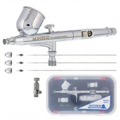 Master Airbrush G233 Airbrush Pro Set With 3 Nozzle Sets (0.2, 0.3 & 0.5mm Needles, Fluid Tips & Air Caps) - Dual-Action Gravity Feed With 1/3oz Cup & Cutaway Handle