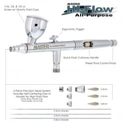 Master Airbrush Gravity Feed Airbrushes Master Hi-Flow G33 All-Purpose Precision Dual-Action Gravity Feed Airbrush Set With 3 Cup Sizes And 3 Nozzle Sets (0.3, 0.5 & 0.8 Mm)