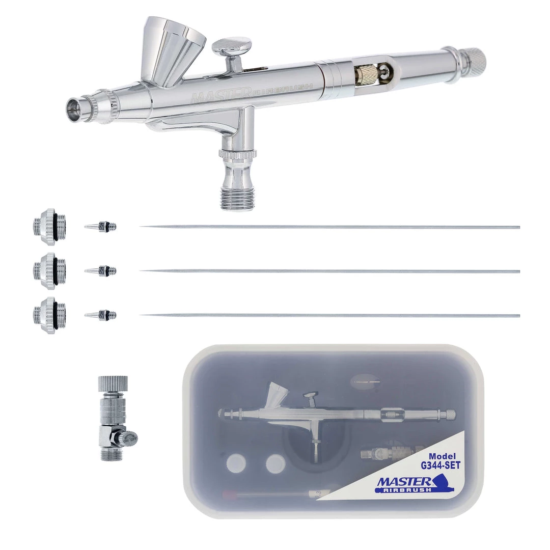 Master Airbrush G344 Multi-Purpose Dual-Action Gravity Feed Airbrush With 3 Nozzle Sets (0.2, 0.3 & 0.5mm Needles, Fluid Tips And Air Caps) 1/16 Oz. Fluid Cup 3 Master Airbrush G344 Multi-Purpose Dual-Action Gravity Feed Airbrush With 3 Nozzle Sets (0.2, 0.3 & 0.5mm Needles, Fluid Tips And Air Caps) 1/16 Oz. Fluid Cup