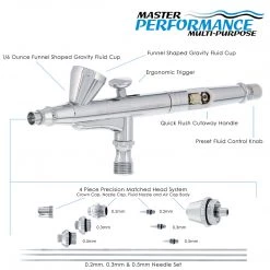 Master Airbrush G344 Multi-Purpose Dual-Action Gravity Feed Airbrush With 3 Nozzle Sets (0.2, 0.3 & 0.5mm Needles, Fluid Tips And Air Caps) 1/16 Oz. Fluid Cup