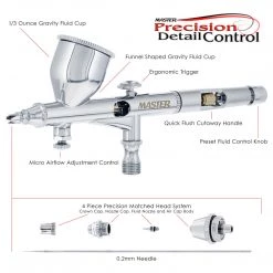 Master Airbrush Master High Precision Detail Control G44 Dual-Action Gravity Feed Airbrush, 0.2 Mm Tip, 1/3 Oz Funnel Fluid Cup, Air Control Valve Gravity Feed Airbrushes