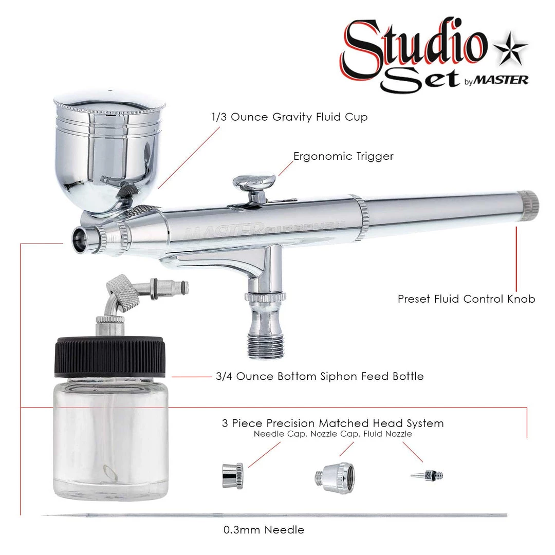 Master Airbrush Master G64 Studio Airbrush Set With 6 Different Airbrush Models (2 Gravity Feed, 3 Siphon Feed, 1 Side Feed) 4 Master Airbrush Master G64 Studio Airbrush Set With 6 Different Airbrush Models (2 Gravity Feed, 3 Siphon Feed, 1 Side Feed)