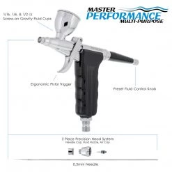 Master Airbrush Master Performance G76 Pistol Trigger Gravity Feed Airbrush, Spray Gun Fan Air Cap Head, 0.3mm Tip, 3 Gravity Cups Gravity Feed Airbrushes