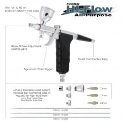 Master Airbrush Master Hi-Flow G79 All-Purpose Pistol Trigger Gravity Feed Airbrush Set, 3 Nozzle Sets, 3 Cup Sizes & 6 Ft. Air Hose Gravity Feed Airbrushes