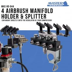 Master Airbrush Airbrush Holder Station With 4-Way Air Splitter Manifold, Holds Up To 4 Airbrushes - Clamp On Work Table, Benchtop, Mount Onto Compressor