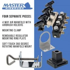 Master Airbrush Airbrush Holder Station With 4-Way Air Splitter Manifold, Holds Up To 4 Airbrushes - Clamp On Work Table, Benchtop, Mount Onto Compressor