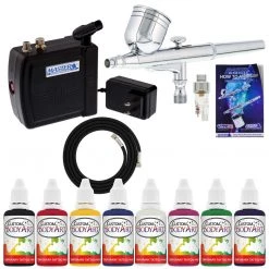 Master Airbrush Multi-Purpose Airbrush Kit With Mini Compressor, Dual-Action Gravity Feed Airbrush. Air Hose And 8 Color Tattoo Paint Set Face & Body Art Systems