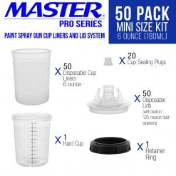 Master Pro Master Paint System MPS Disposable Paint Spray Gun Cup Liners And Lid System, 50 Pack Mini Size 6 Ounce (180ml) Kit MPS Cups & Liners
