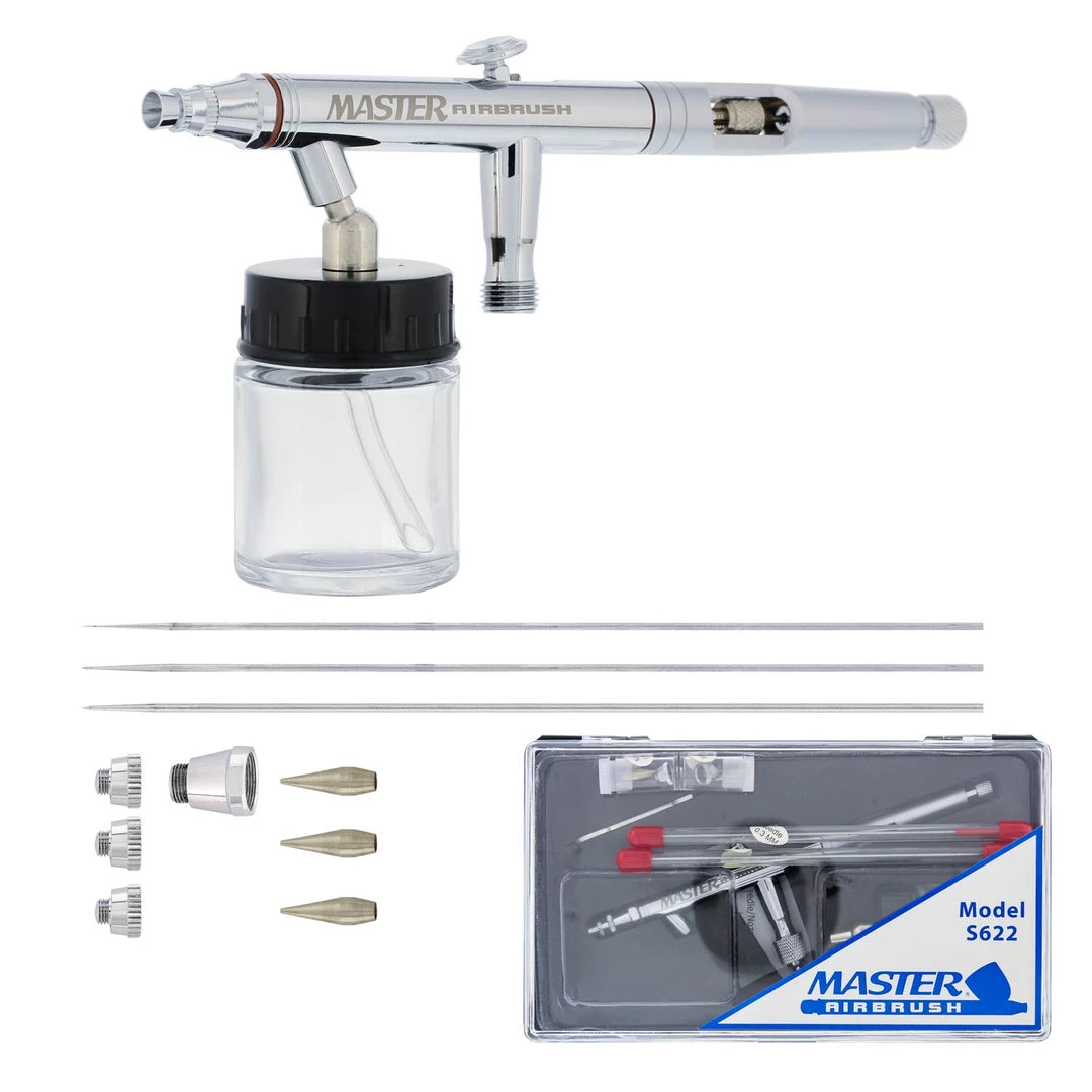 Master Airbrush Master Hi-Flow S622 Pro Set Dual-Action Siphon Feed Airbrush Set With 3 Nozzle Sets (0.3, 0.5 & 0.8mm) & 1 Bottle Siphon Feed Airbrushes 3 Master Airbrush Master Hi-Flow S622 Pro Set Dual-Action Siphon Feed Airbrush Set With 3 Nozzle Sets (0.3, 0.5 & 0.8mm) & 1 Bottle Siphon Feed Airbrushes