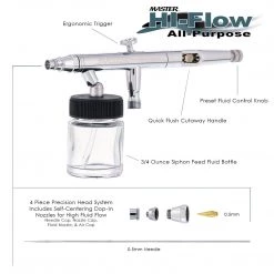 Master Airbrush Siphon Feed Airbrushes Master Hi-Flow S62 All-Purpose Precision Dual-Action Siphon Feed Airbrush, 0.5 Mm Tip, 3/4 Oz Bottle