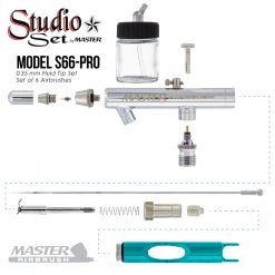 Master Airbrush 6 Master Performance S58 Dual-Action Siphon Feed Airbrushes With 0.35 Mm Tips, 3/4 Oz. Bottles, Color Coated Cutaway Handles & Storage Case