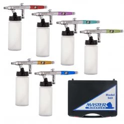 Master Airbrush 6 Master Hi-Flow S62 Dual-Action Siphon Feed Airbrushes With 0.5 Mm Tips, 2-3/4 Oz Bottles, Color Coated Cutaway Handles & Storage Case