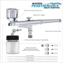 Master Airbrush Side Feed Airbrushes SB844 Pro Set Multi-Purpose Dual-Action Side Feed Airbrush With 3 Nozzle Sets (0.2, 0.3 & 0.5mm), Side & Siphon Cups