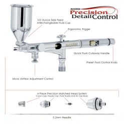 Master Airbrush SB86 High Precision Detail Control Dual-Action Side Feed Airbrush Set Kit With A 0.2mm Fluid Tip, 1/2 Oz. Gravity Cup Side Feed Airbrushes