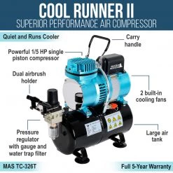 Master Airbrush 1/5 HP Cool Runner II Dual Fan Tank Air Compressor Kit Model TC-326T - Professional Single-Piston With 2 Cooling Fans, Regulator Water Trap, Holder