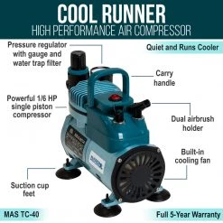 Master Airbrush TC-40 - Cool Runner Professional High Performance Single-Piston Airbrush Air Compressor With 2 Holders, Regulator, Gauge, Water Trap Filter & Air Hose