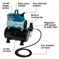 Master Airbrush Cool Runner Professional High Performance Single-Piston Airbrush Air Compressor 3-Liter Tank, Holders, Regulator, Gauge, Water Trap Filter & Air Hose