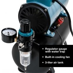 Master Airbrush Cool Runner Professional High Performance Single-Piston Airbrush Air Compressor 3-Liter Tank, Holders, Regulator, Gauge, Water Trap Filter & Air Hose