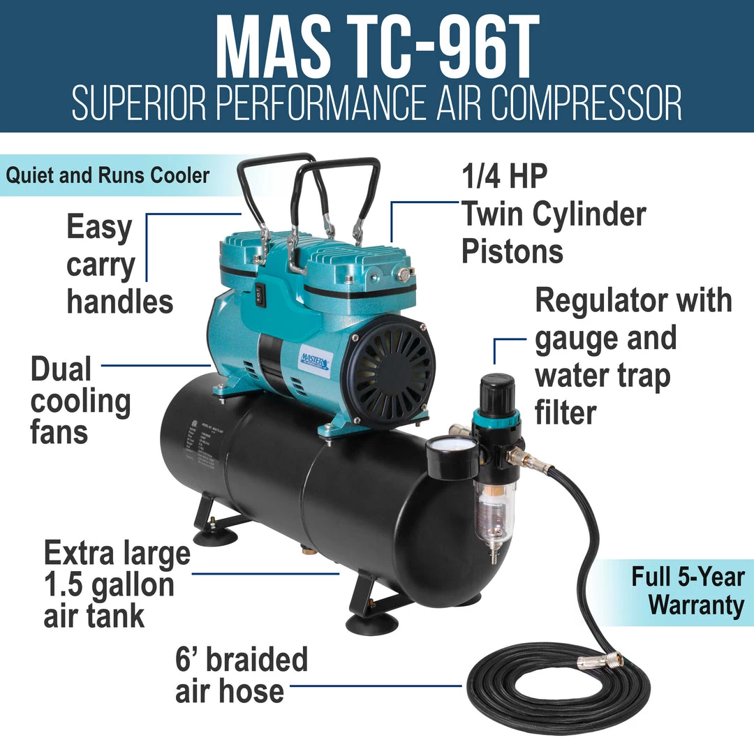 Master Airbrush Professional Cool Running 1/4 Hp Twin Cylinder Piston Air Compressor With Extra Large Storage Tank - High Airflow - Hose, Regulator Water Trap 4 Master Airbrush Professional Cool Running 1/4 Hp Twin Cylinder Piston Air Compressor With Extra Large Storage Tank - High Airflow - Hose, Regulator Water Trap
