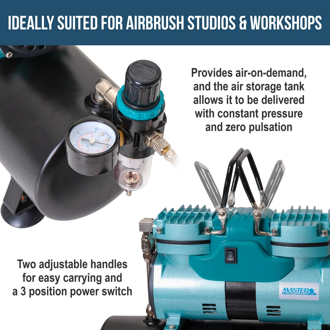 Master Airbrush Professional Cool Running 1/4 Hp Twin Cylinder Piston Air Compressor With Extra Large Storage Tank - High Airflow - Hose, Regulator Water Trap 6 Master Airbrush Professional Cool Running 1/4 Hp Twin Cylinder Piston Air Compressor With Extra Large Storage Tank - High Airflow - Hose, Regulator Water Trap