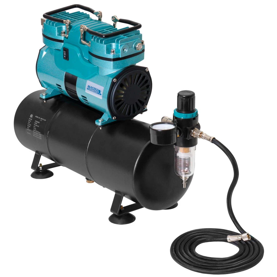 Master Airbrush Professional Cool Running 1/4 Hp Twin Cylinder Piston Air Compressor With Extra Large Storage Tank - High Airflow - Hose, Regulator Water Trap 3 Master Airbrush Professional Cool Running 1/4 Hp Twin Cylinder Piston Air Compressor With Extra Large Storage Tank - High Airflow - Hose, Regulator Water Trap