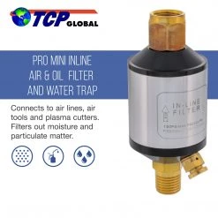 Air Control & Filtration TCP Global Mini In-Line Air Filter, Oil And Water Separator - Aluminum Body With Drain Valve, Water Trap, Air Dryer, Remove Moisture Dirt, Hose, Tools