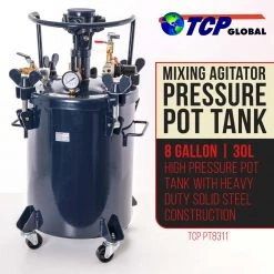 TCP Global Commercial 8 Gallon (30 Liters) Spray Paint Pressure Pot Tank With Air Powered Mixing Agitator Pressure Pots