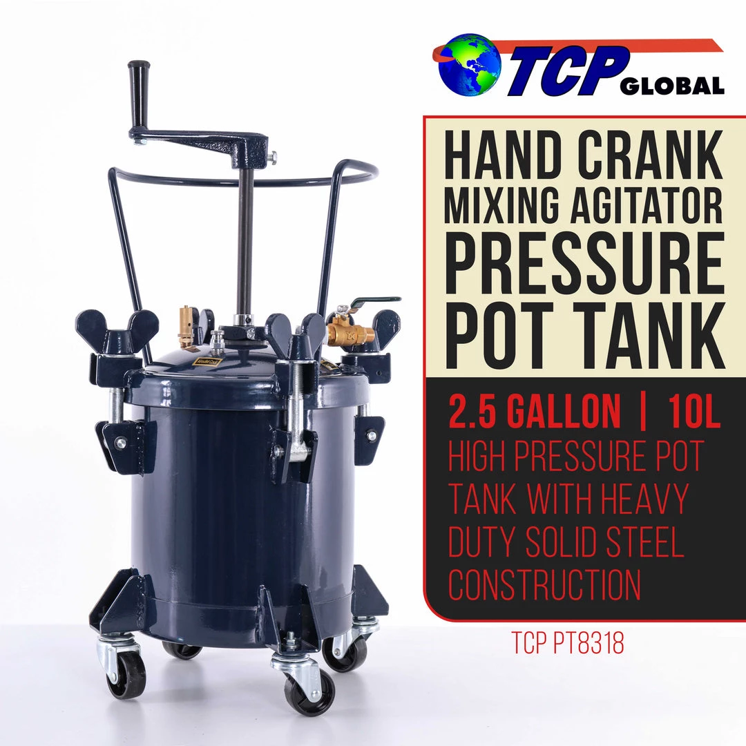 TCP Global Pressure Pots Commercial 2.5 Gallon (10 Liters) Spray Paint Pressure Pot Tank With Manual Mixing Agitator 4 TCP Global Pressure Pots Commercial 2.5 Gallon (10 Liters) Spray Paint Pressure Pot Tank With Manual Mixing Agitator