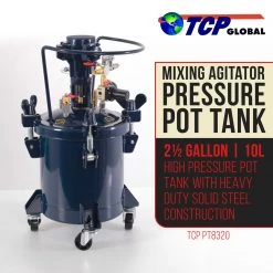 TCP Global Commercial 2.5 Gallon (10 Liters) Spray Paint Pressure Pot Tank With Air Powered Mixing Agitator