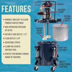 TCP Global Commercial 2.5 Gallon (10 Liters) Spray Paint Pressure Pot Tank With Air Powered Mixing Agitator