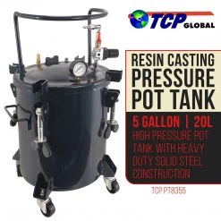 TCP Global Pressure Pots 5 Gallon (20 Liters) Pressure Pot Tank For Resin Casting - Heavy Duty Powder Coated Pot With Air Tight Clamp On Lid, Caster Wheels, Regulator, Gauge