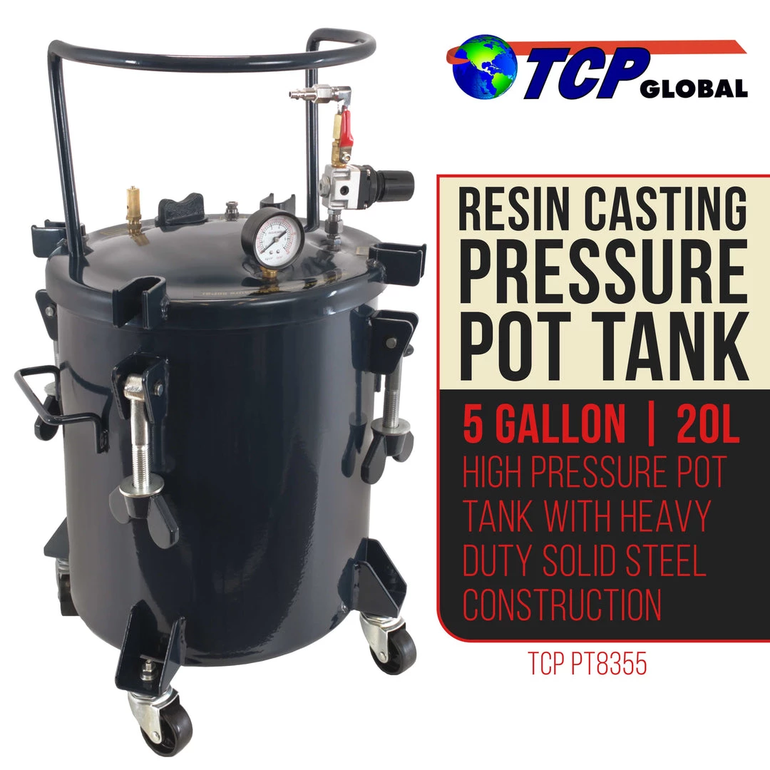 TCP Global Pressure Pots 5 Gallon (20 Liters) Pressure Pot Tank For Resin Casting - Heavy Duty Powder Coated Pot With Air Tight Clamp On Lid, Caster Wheels, Regulator, Gauge 4 TCP Global Pressure Pots 5 Gallon (20 Liters) Pressure Pot Tank For Resin Casting - Heavy Duty Powder Coated Pot With Air Tight Clamp On Lid, Caster Wheels, Regulator, Gauge