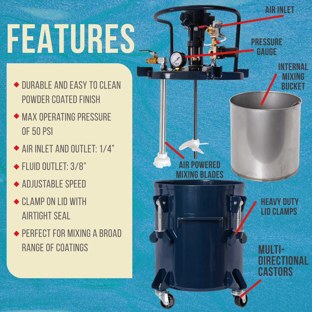TCP Global Commercial 5 Gallon (20 Liters) Spray Paint Pressure Pot Tank With Air Powered Mixing Agitator 5 TCP Global Commercial 5 Gallon (20 Liters) Spray Paint Pressure Pot Tank With Air Powered Mixing Agitator