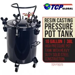 TCP Global 10 Gallon (38 Liters) Pressure Pot Tank For Resin Casting - Heavy Duty Powder Coated Pot With Air Tight Clamp On Lid, Caster Wheels, Regulator, Gauge