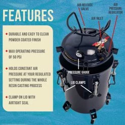 TCP Global 10 Gallon (38 Liters) Pressure Pot Tank For Resin Casting - Heavy Duty Powder Coated Pot With Air Tight Clamp On Lid, Caster Wheels, Regulator, Gauge