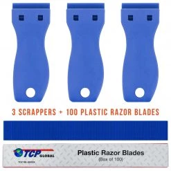 TCP Global 3-Piece Window Glass Scraper Razor Blade Holders With Plastic Razor Blades (Box Of 100)
