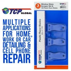 TCP Global 3-Piece Window Glass Scraper Razor Blade Holders With Plastic Razor Blades (Box Of 100)